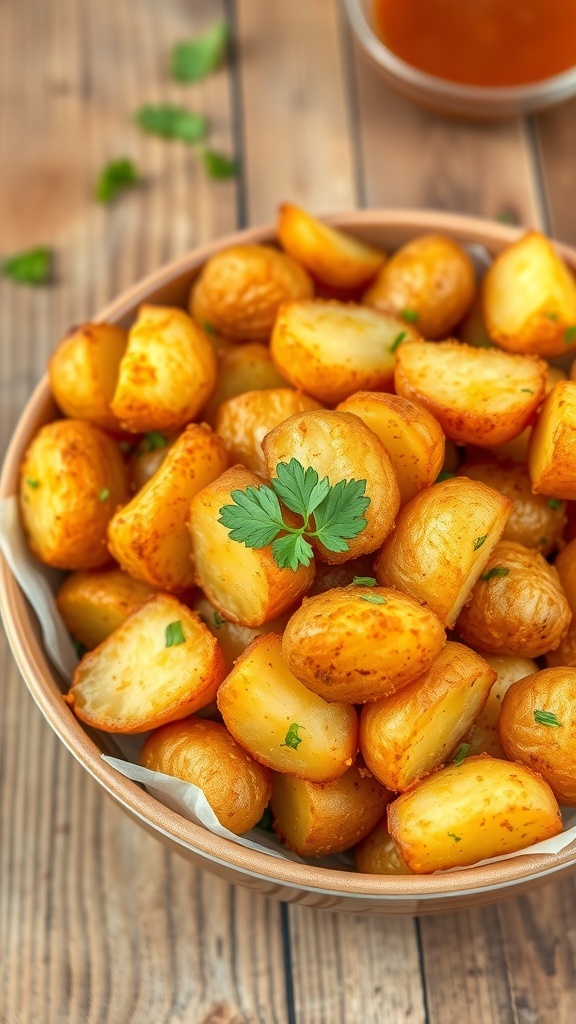 Crispy air fryer potatoes garnished with parsley in a bowl on a wooden table.
